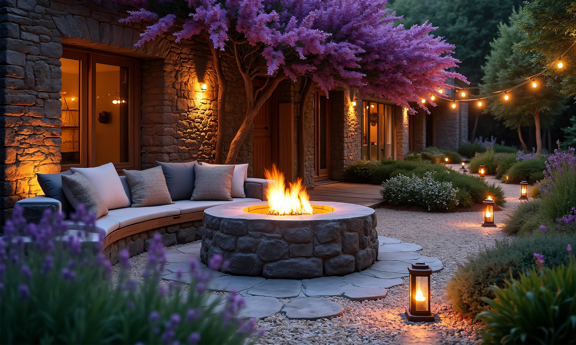Ein rustikaler Garten mit Feuerstelle.