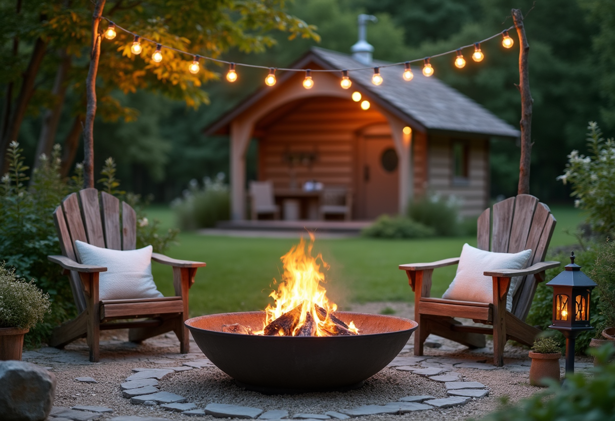 rustikale-feuerschale-holzhaus-garten Rustikale Feuerschale mit Holzstühlen und Lichterkette vor einem kleinen Gartenhaus.