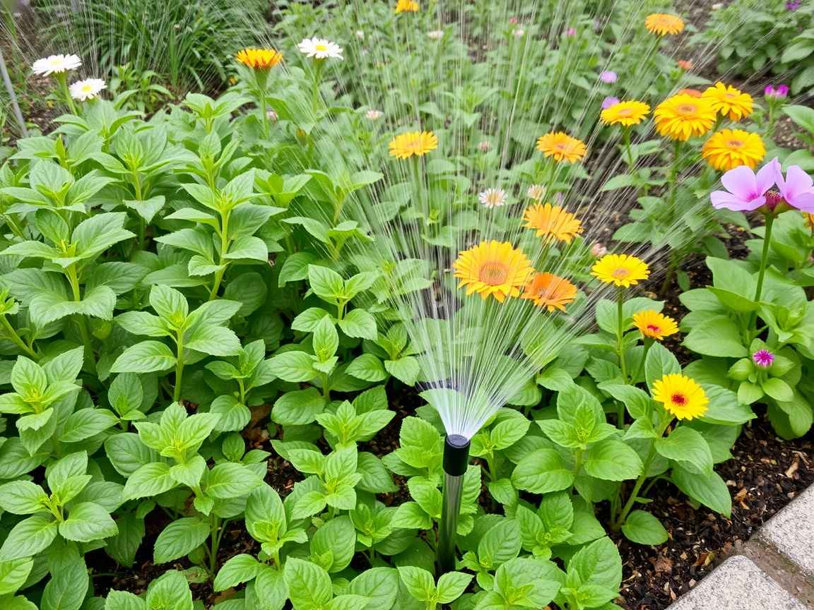 Ein Garten mit grünen Pflanzen und Blumen, die automatisch bewässert werden.
