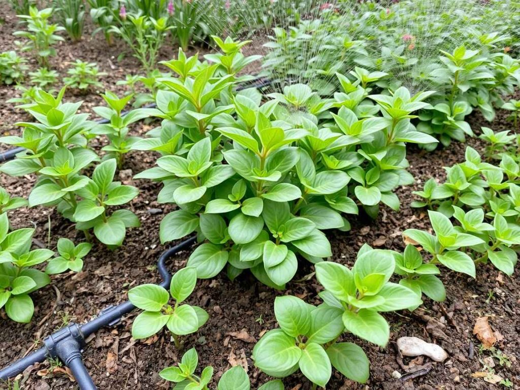 Ein Garten mit grünen Pflanzen und einem sichtbaren Bewässerungssystem.
