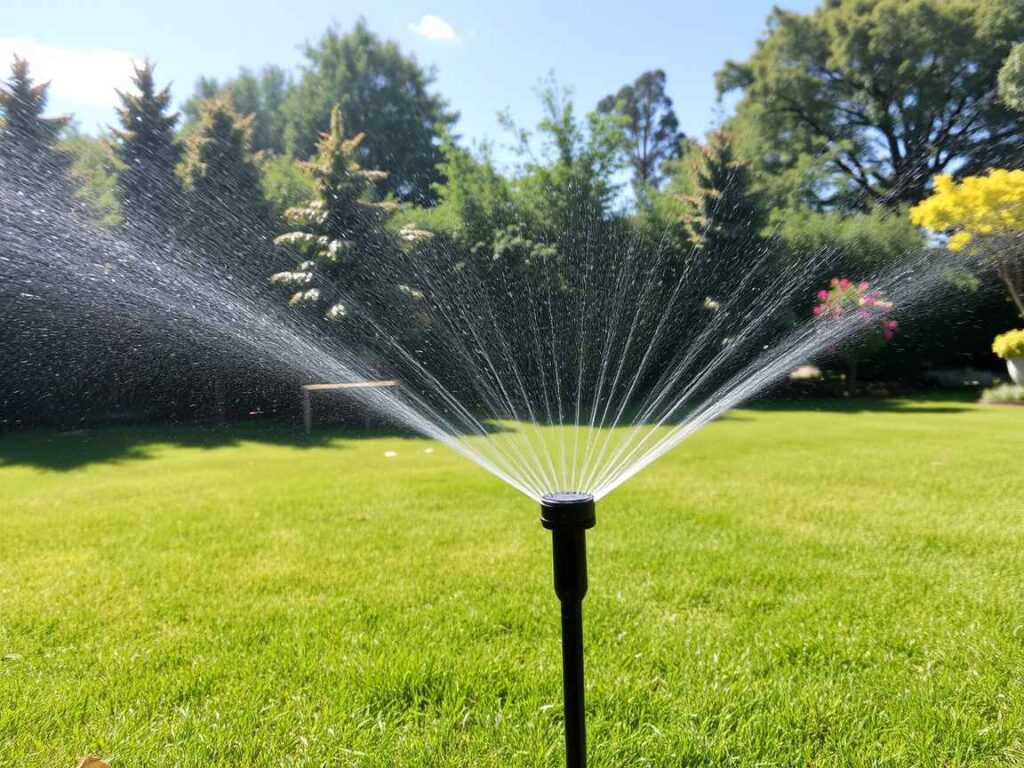 Ein sonniger Tag mit einem Sprinkler, der Wasser in einem Garten sprüht.