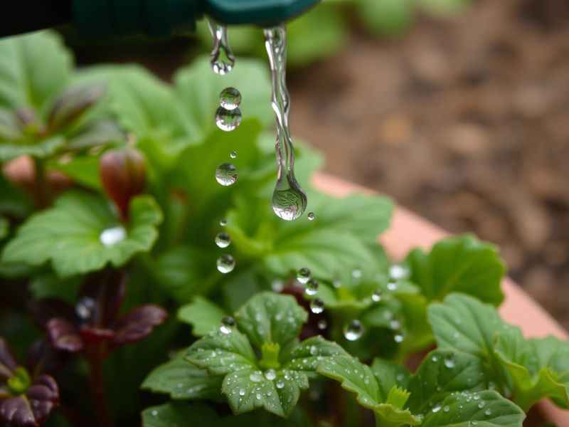 Wassertropfen der Bewässerungsanlage fallen auf Blätter junger Pflanzen.