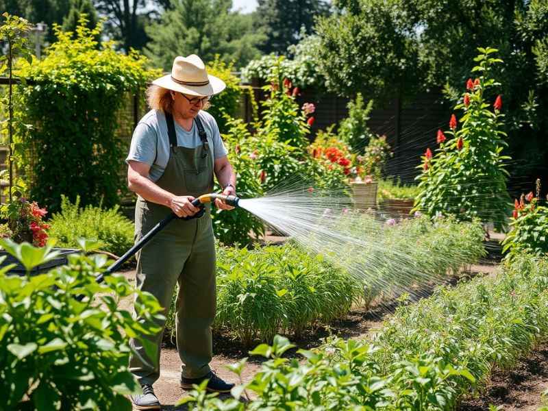 Gartenbewässerung Fehler - ein Gärtner gießt zu viel in seinem Garten.