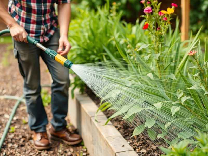 Ein Gärtner bewässert seine Pflanzen mit einem Gartenschlauch mit Sprühaufsatz.