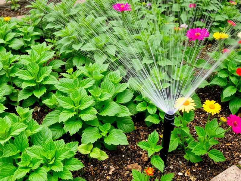 Gardena Bewässerungssystem bewässert ein Blumenbeet.