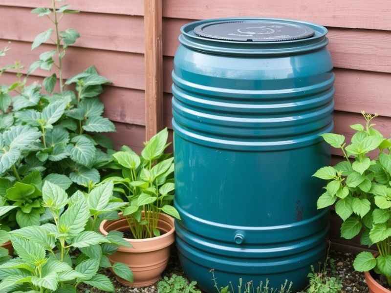 Eine Regentonne für die Gartenbewässerung mit Regenwasser.
