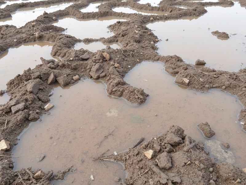 Matschige Erde mit großen Wasserpfützen.