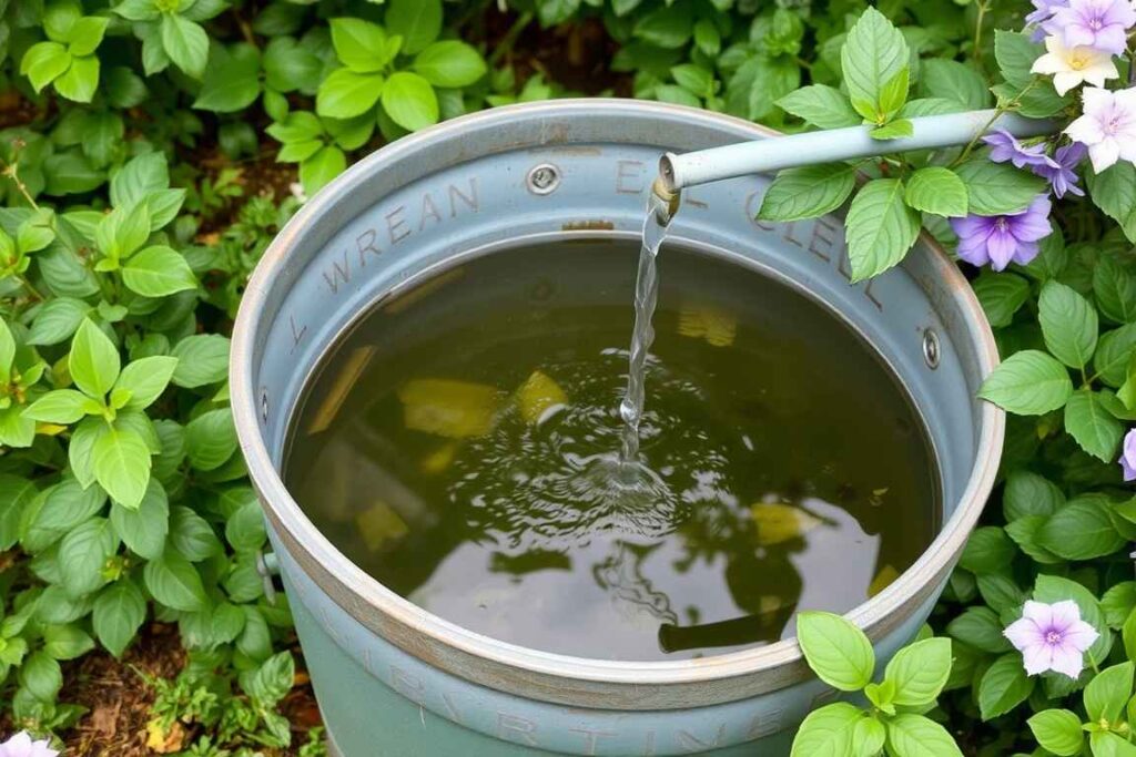 Eine Regentonne füllt sich mit Regenwasser in einem Garten.