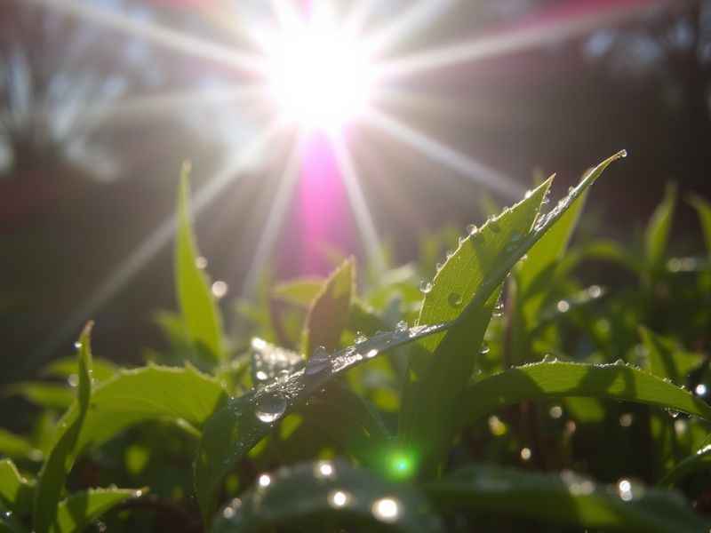 Sonnenstrahlen über jungen Pflanzen im Frühjahr.