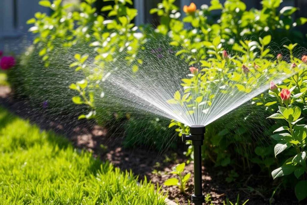 Ein Sprühregner verteilt Wasser auf einer Grünfläche.