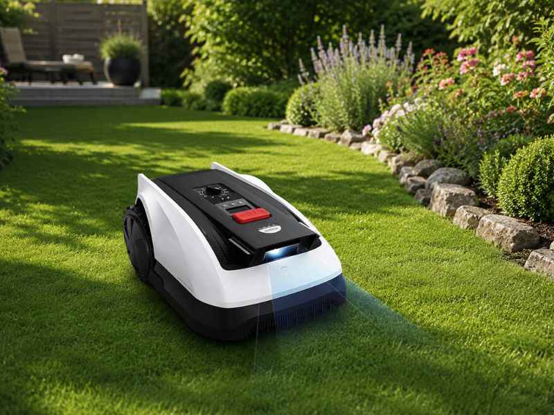 ECOVACS Goat O800 RTK Rasenmähroboter in einem Garten.