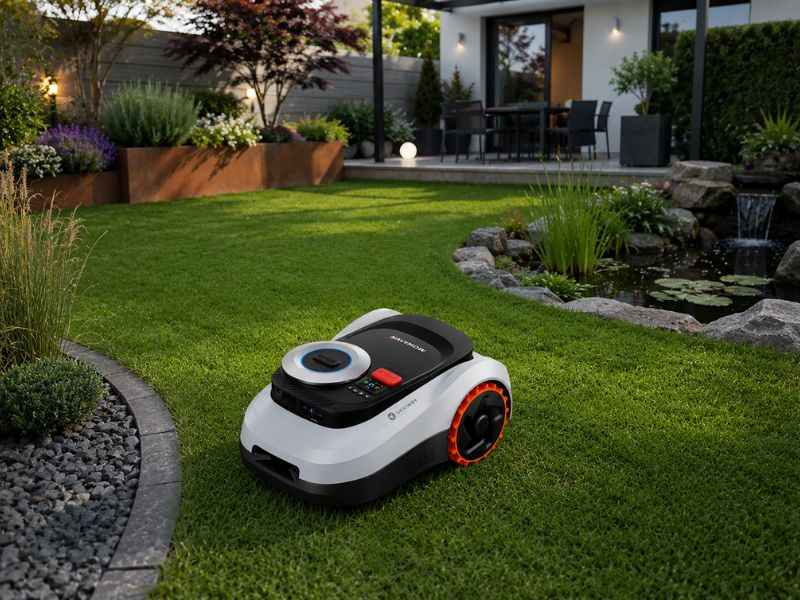 Segway Navimow i215 LiDAR Mähroboter in einem Garten vor einem Einfamilienhaus.